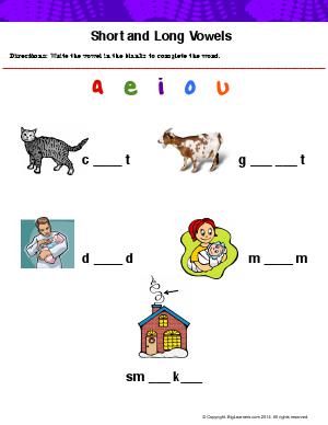 Preview image for worksheet with title Short and Long vowels