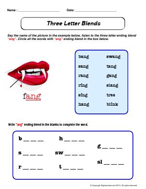 Preview image for worksheet with title Three Letter Blends - "ang"