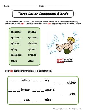 Preview image for worksheet with title Three Letter Consonant Blends