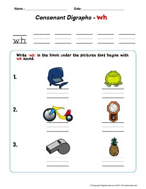 Preview image for worksheet with title Consonant Digraphs - "wh"