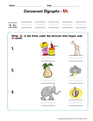 Preview image for worksheet with title Consonant Digraphs - th