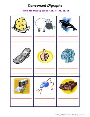 Preview image for worksheet with title Consonant Digraphs (sh, wh, th, ph, ch)