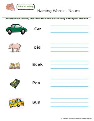 Preview image for worksheet with title Naming Words - Nouns