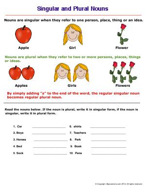 Preview image for worksheet with title Singular and Plural Nouns