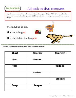 Preview image for worksheet with title Adjectives that Compare