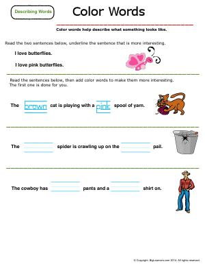 Preview image for worksheet with title Describing Words : Color Words