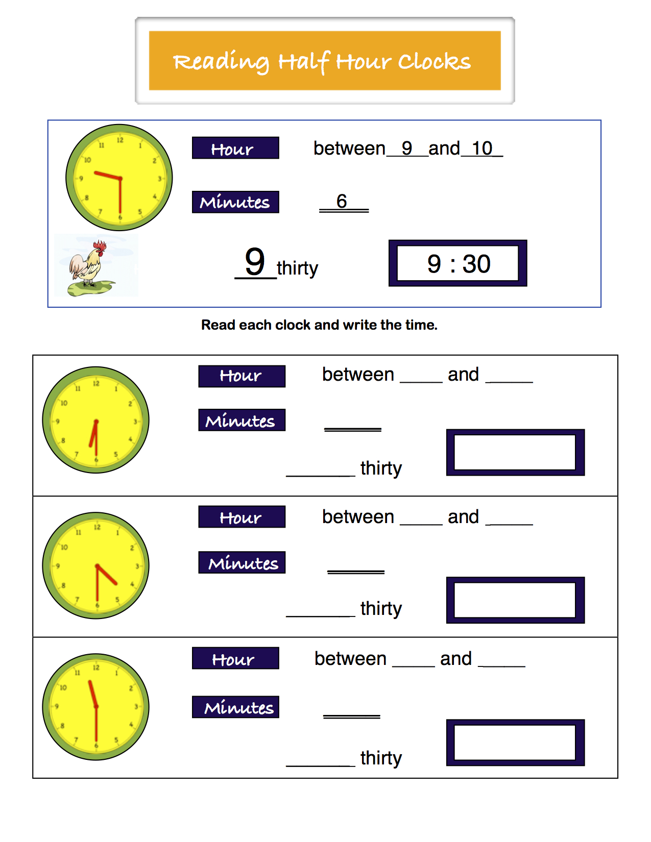 Preview image for worksheet with title Reading half hour clocks