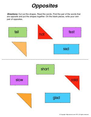 Preview image for worksheet with title Opposites (Antonyms)