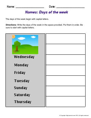 Preview image for worksheet with title Names : Days of the Week