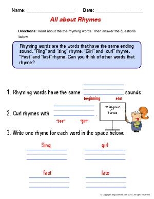 Preview image for worksheet with title All About Rhymes