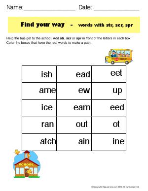Preview image for worksheet with title Find Your Way - Words With str, scr, and spr