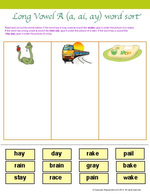 Preview image for worksheet with title Long Vowel "A" (a, ai, ay) Word Sort