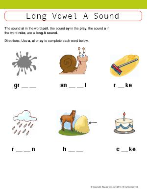 Preview image for worksheet with title Long Vowel A Sound (a, ai, ay)