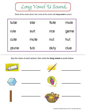Preview image for worksheet with title Long Vowel U Sound