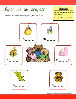 Preview image for worksheet with title Words With : air, are, ear
