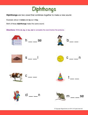 Preview image for worksheet with title Diphthongs (oi, oy, ou, ow)
