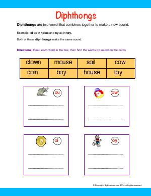 Preview image for worksheet with title Diphthongs