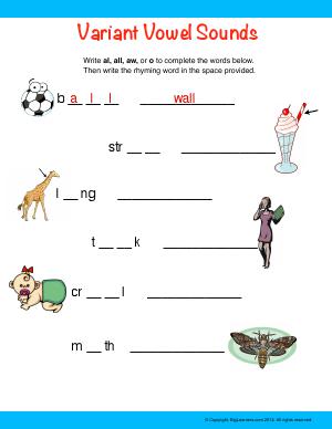 Preview image for worksheet with title Variant Vowel Sounds (al, all, aw, o)