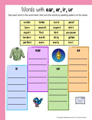 Preview image for worksheet with title Words With : ear, er, ir, ur