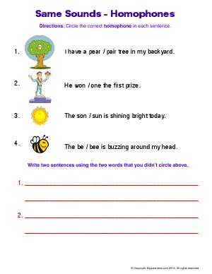 Preview image for worksheet with title Same Sounds - Homophones