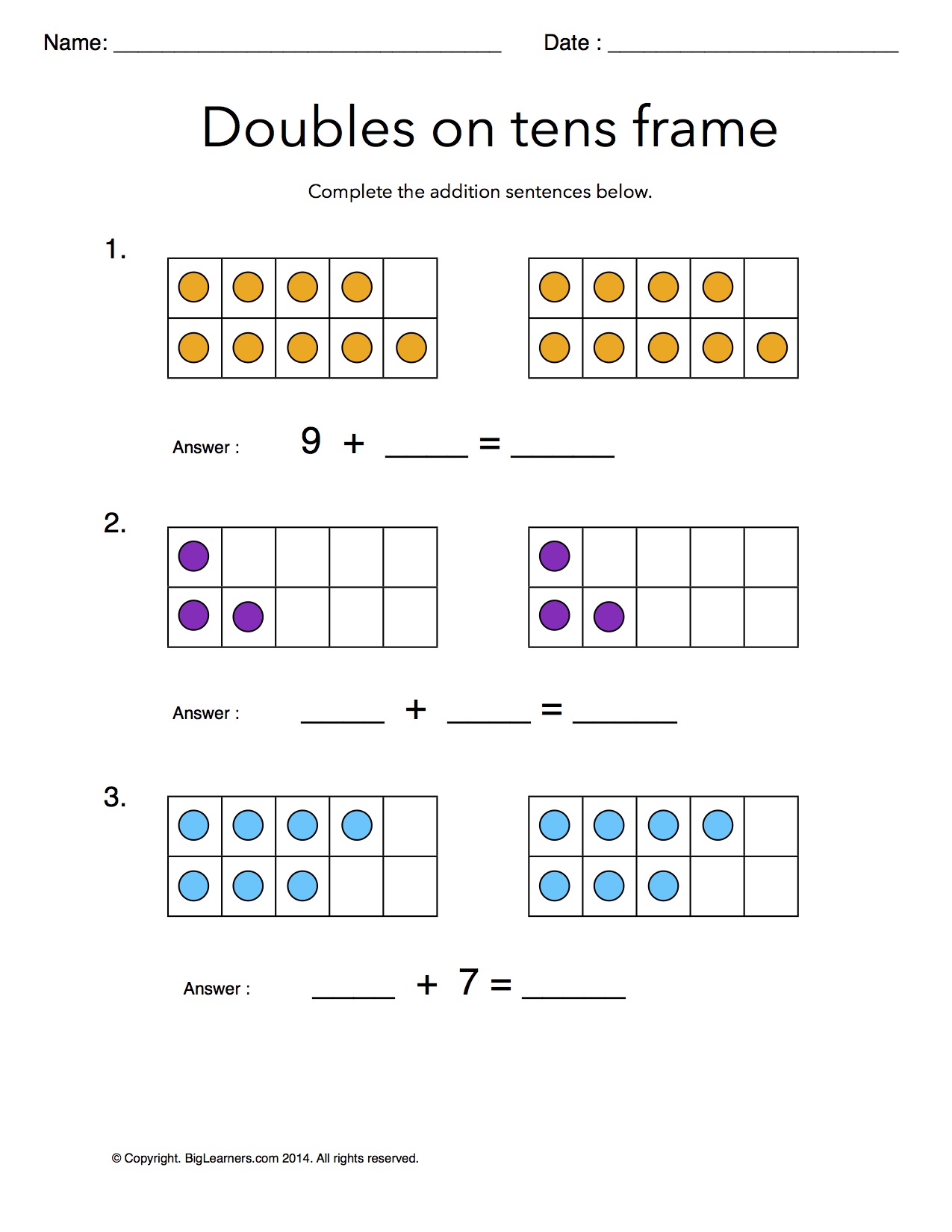 Preview image for worksheet with title Doubles on Tens Frames