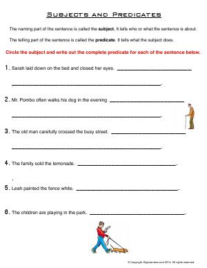 Preview image for worksheet with title Subjects and Predicates