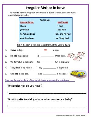 Preview image for worksheet with title Irregular Verbs : to have