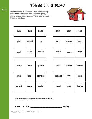 Preview image for worksheet with title Three In a Row (Nouns)