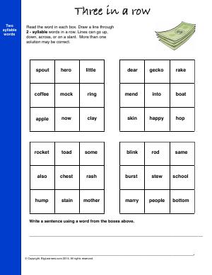 Preview image for worksheet with title Three In a Row (2-Syllable Words)