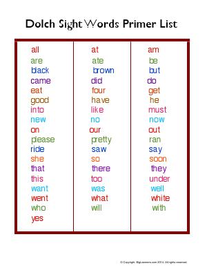 Preview image for worksheet with title Dolch Sight Word Primer List