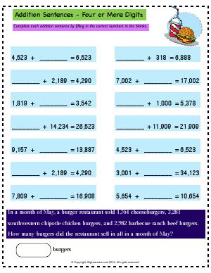 Preview image for worksheet with title Addition Sentences - Four or More Digits