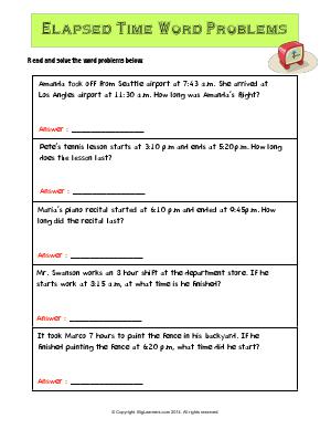 Preview image for worksheet with title Elapsed Time Word Problems