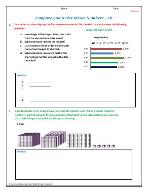 Preview image for worksheet with title Compare and Order Whole Numbers - III