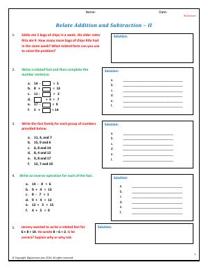 Preview image for worksheet with title Relate Addition and Subtraction - II