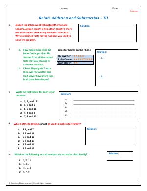 Preview image for worksheet with title Relate Addition and Subtraction - III