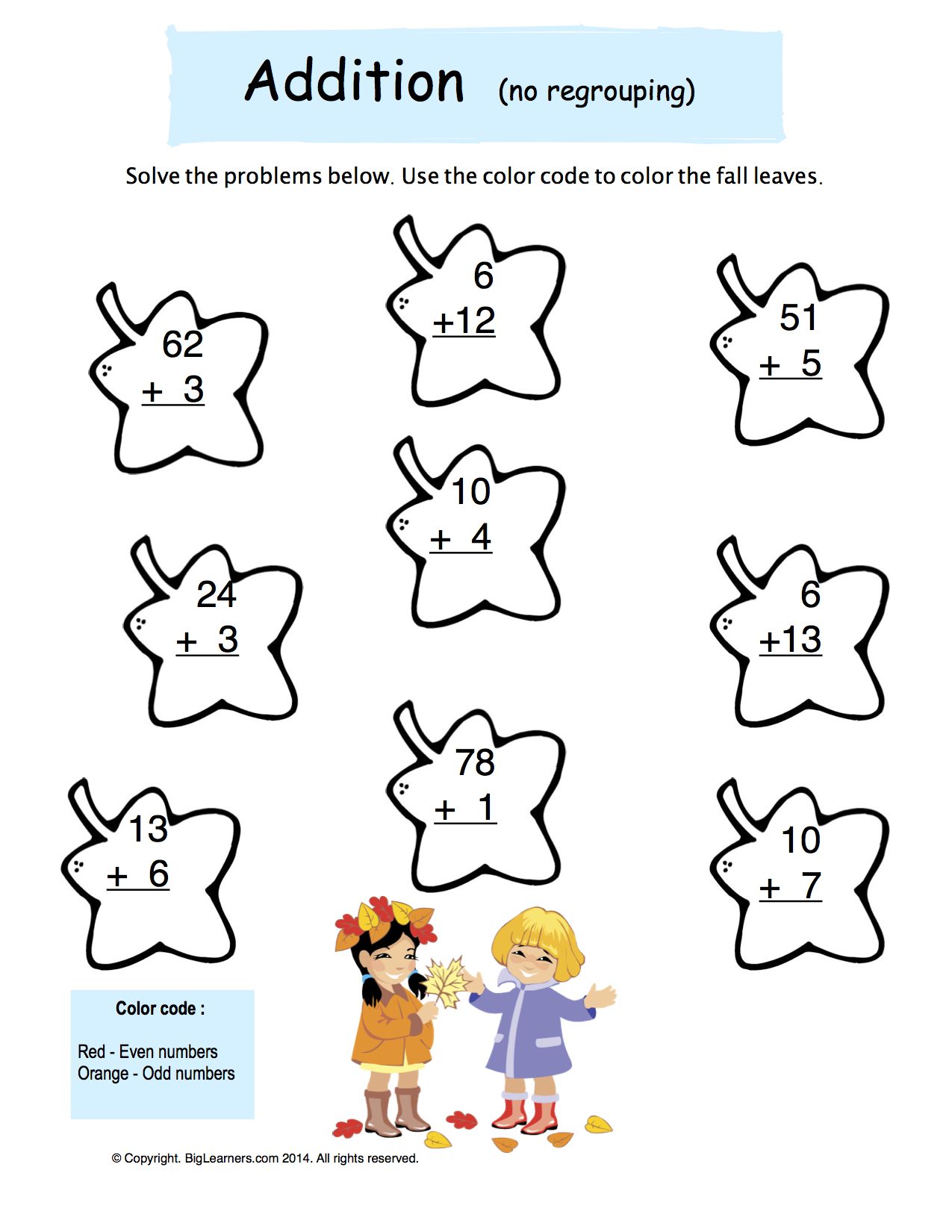 Preview image for worksheet with title Addition (no regrouping)