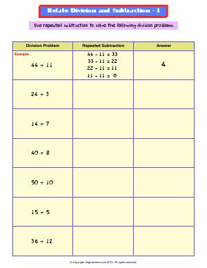 Preview image for worksheet with title Related Division and Subtraction - 3