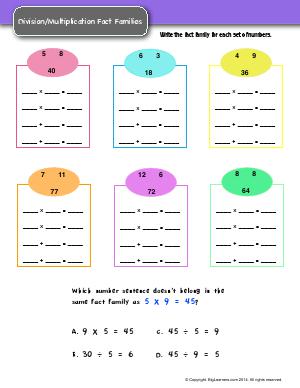 Preview image for worksheet with title Division/Multiplication Fact Families
