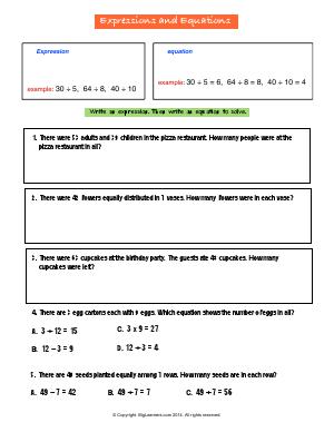 Preview image for worksheet with title Expressions and Equations