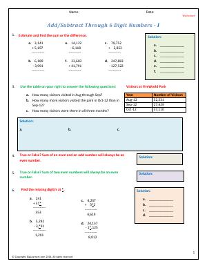 Preview image for worksheet with title Add/Subtract Through 6 Digit Numbers -1