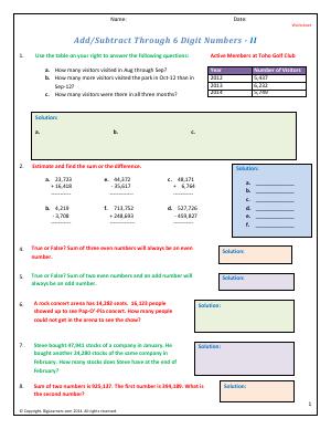 Preview image for worksheet with title Add/Subtract Through 6 Digit Numbers - II
