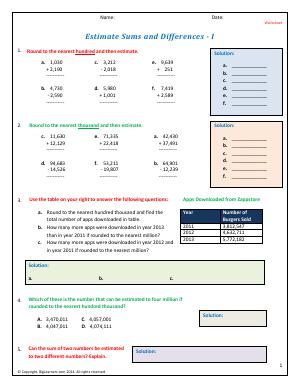 Preview image for worksheet with title Estimate Sums and Differences - I