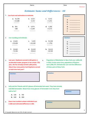 Preview image for worksheet with title Estimate Sums and Differences - III