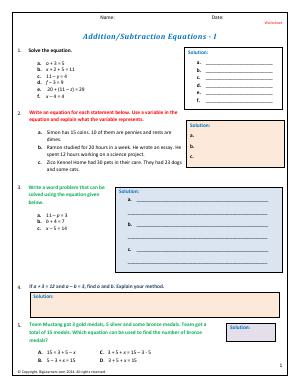 Preview image for worksheet with title Addition/Subtraction Equations - I
