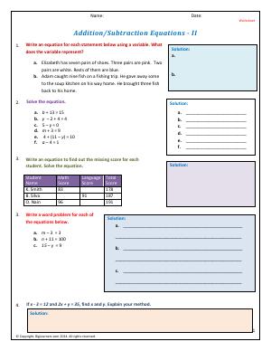 Preview image for worksheet with title Addition/Subtraction Equations - II