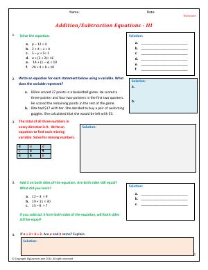 Preview image for worksheet with title Addition/Subtraction Equations - III