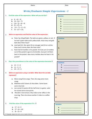 Preview image for worksheet with title Write/Evaluate Simple Expressions - I