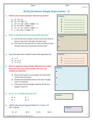 Preview image for worksheet with title Write/Evaluate Simple Expressions - II