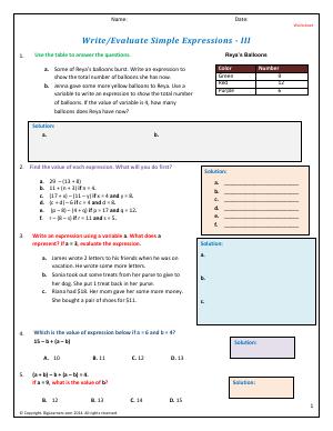 Preview image for worksheet with title Write/Evaluate Simple Expressions - III