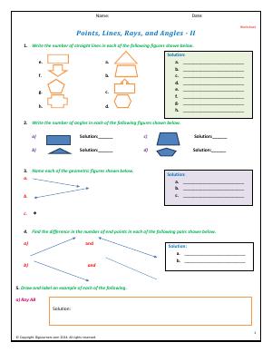 Preview image for worksheet with title Points, Lines, Rays, and Angles - II